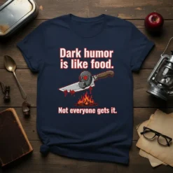 Dark humor is like food. Not everyone gets it. quote on a navy t-shirt with a graphic of a knife