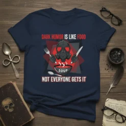 Dark Humor Is Like Food Soup Not Everyone Gets It t-shirt with gas mask graphic and red accents