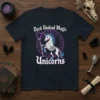 Dark Undead Magic Unicorns t-shirt design featuring a skeletal unicorn within a purple mystic circle, with gothic typography