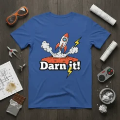 T-shirt with "Darn it!" text and cartoon rocket launching from an erupting volcano with lightning bolts