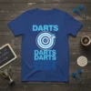 Darts Player Gift tee with repeating "DARTS" text and a dartboard graphic with an arrow, available in blue