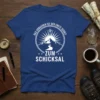 German quote "Das Erwachen Ist Der Erste Schritt Zum Schicksal" with mountain and compass graphic on a blue t-shirt
