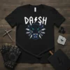 Black t-shirt with white "DASH" text above a blue and black panther head graphic surrounded by lightning bolts