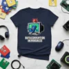 T-shirt with "Data Corruption In Progress" text and a cartoon USB drive escaping a computer monitor with a siren