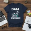 Data Whisperer t-shirt with white text and a graphic showing a rising data chart with gears and circuit board elements