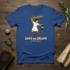 David and Goliath Caravaggio text with illustration of David holding Goliath's head, on a blue t-shirt
