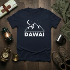 DAWAI t-shirt with white mountain, moon, and stars graphic, navy blue shirt, outdoor adventure theme