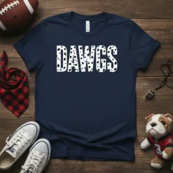 Navy blue t-shirt with white text that reads "DAWGS" in a Dalmatian-spot pattern, perfect for football fans