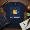 Day & Night t-shirt design with a split sun and moon graphic and celestial border