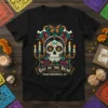 Day of the Dead t-shirt with colorful sugar skull, candles, and butterfly, featuring text "Day of the Dead Honor, Remembrance