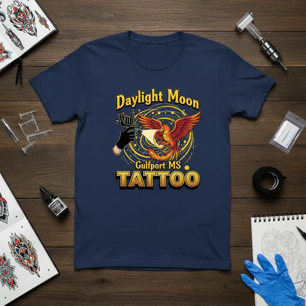 Daylight Moon Gulfport MS TATTOO design featuring a phoenix and tattoo gun, representing local ink culture
