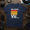 dB Level VU meter design with red and orange bars and VU text on a navy blue t-shirt, ideal for