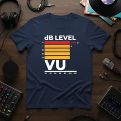 dB Level VU meter design with red and orange bars and VU text on a navy blue t-shirt, ideal for