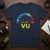 Navy t-shirt featuring a VU meter graphic with "dB LEVEL VU PEAK" text in yellow and red, designed for audio