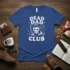 Dead Dad Club t-shirt design with a skeleton holding a fishing rod and giving a thumbs up, surrounded by golf