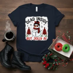 Dead Inside But Jolly AF T-Shirt with a cool snowman wearing sunglasses and a red plaid scarf, surrounded by buffalo