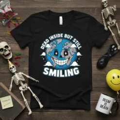 Dead Inside But Still Smiling Earth T-Shirt with a spooky smiling planet graphic and text