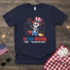 Dead Inside (But The 4th Of July) text on a navy t-shirt with a skeleton riding a rocket and fireworks