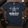 Skeleton lifting a barbell with text DEADLIFTS are my cardio on a navy t-shirt