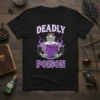 Deadly Poison text and potion bottle graphic on a black t-shirt, Halloween themed design