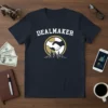 Dealmaker T-Shirt with handshake graphic and city skyline, featuring the word DEALMAKER in collegiate font