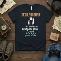 Dear Brother I Tried That Find The But Since That Was Me, Love, Your Sister quote on a black t-shirt