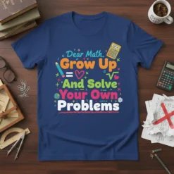 Dear Math Grow Up And Solve Your Own Problems quote t-shirt with math symbols and colorful typography