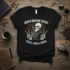 Death Before Decaf Peace Love Coffee text with skull and coffee cup graphic on black t-shirt