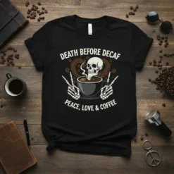Death Before Decaf Peace Love Coffee text with skull and coffee cup graphic on black t-shirt