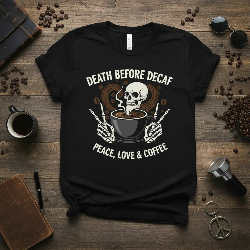 Death Before Decaf Peace Love Coffee quote with skull and skeleton hands on a t-shirt