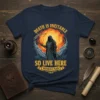 Grim reaper holding scythe with "Death Is Inevitable So Live Here Without Fear" text on a navy t-shirt
