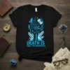Black t-shirt with blue skeletal hand graphic and text "DEATH IS ONLY THE BEGINNING" and a soccer ball