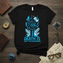 Black t-shirt with blue skeletal hand graphic and text "DEATH IS ONLY THE BEGINNING" and a soccer ball