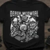 Death Meowtal T-Shirt design with a heavy metal cat band playing instruments, featuring bold white text and black and white
