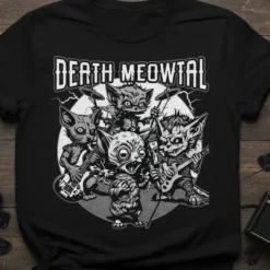 Death Meowtal T-Shirt design with a heavy metal cat band playing instruments, featuring bold white text and black and white
