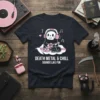 Death Metal & Chill Sounds Like Fun t-shirt with skeleton playing guitar and a cat