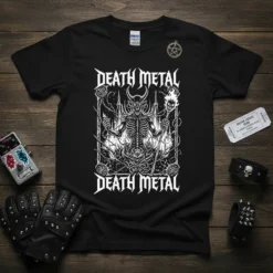 Black t-shirt with white DEATH METAL DEATH METAL text and a demonic skeleton graphic in the center