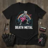 Death Metal t-shirt featuring a skeleton cat playing a pink guitar with a rainbow and clouds, bold white text