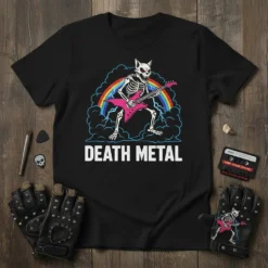 Death Metal t-shirt featuring a skeleton cat playing a pink guitar with a rainbow and clouds, bold white text