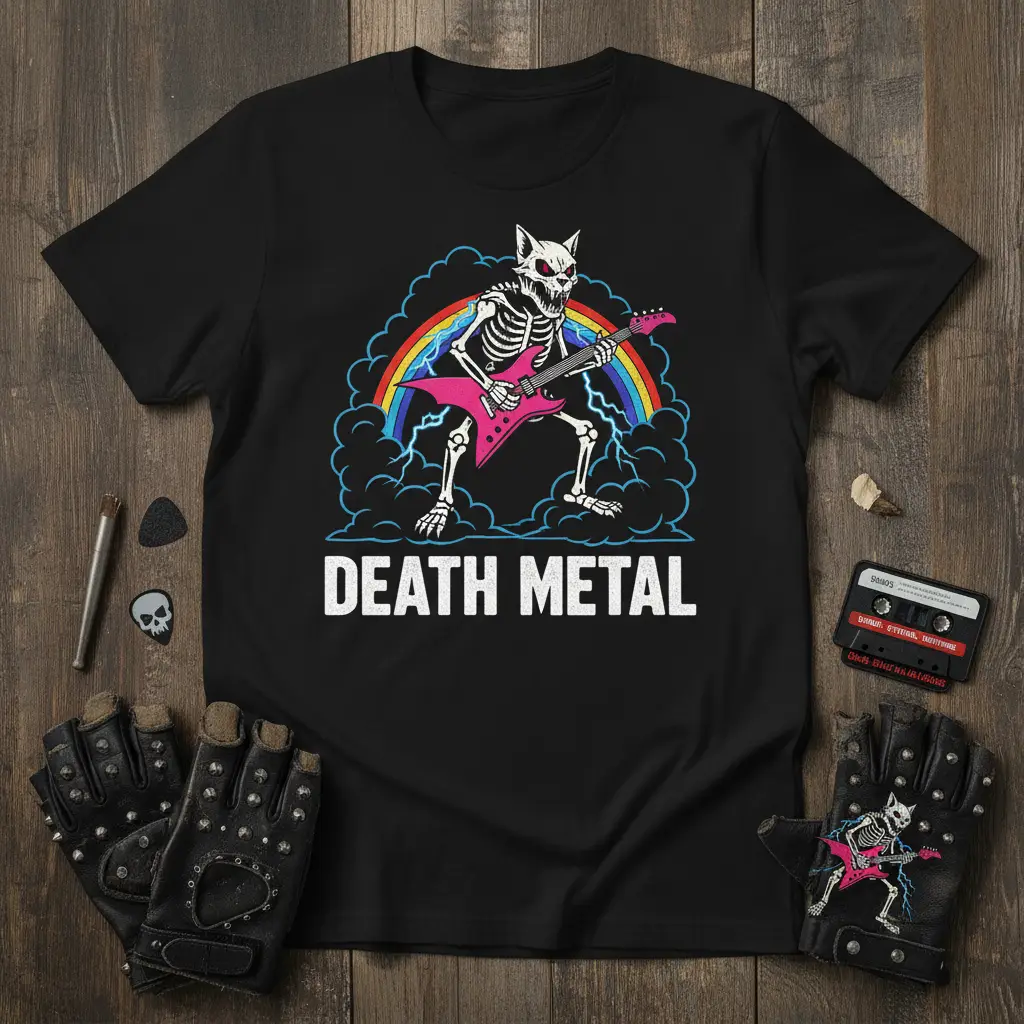Death Metal Skeleton Cat Guitar T-Shirt Heavy Music Fan Gift