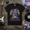 Black t-shirt featuring a skeleton unicorn playing a guitar, with "DEATH METAL" text and skulls, in a heavy metal art