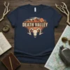 Death Valley t-shirt design featuring a ram skull graphic, mountains, and sunset. Includes the text "DEATH VALLEY" in bold letters