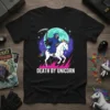 Death By Unicorn T-Shirt with grim reaper on a unicorn, moon, and stars. Features bold white text