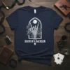 Death of a Bachelor skeleton hand and roses graphic t-shirt design, white text and illustration on navy blue shirt