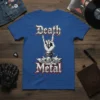Death to all but Metal t-shirt with hand horns graphic and distressed text, perfect for metalheads