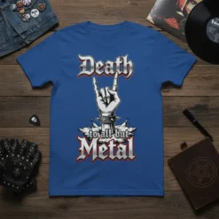 Death to all but Metal t-shirt with hand horns graphic and distressed text, perfect for metalheads