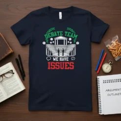 Debate Team We Have Issues quote on a navy t-shirt with a graphic of a debate arena and two people