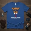 Debonair Canine Est. 2024 T-Shirt featuring a brown dog wearing sunglasses, a white shirt, and a red and blue striped