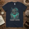 DEEP DIVE t-shirt design featuring a vintage diver suit, a fish, ancient ruins, and bubbles in a turquoise underwater setting