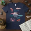 Deep Ocean Creatures t-shirt design featuring illustrations of Anglerfish, Chimaera, Black Dragonfish, Goblin Shark, Anglerfish Fish, Atlantic Wolffish, Giant Spider